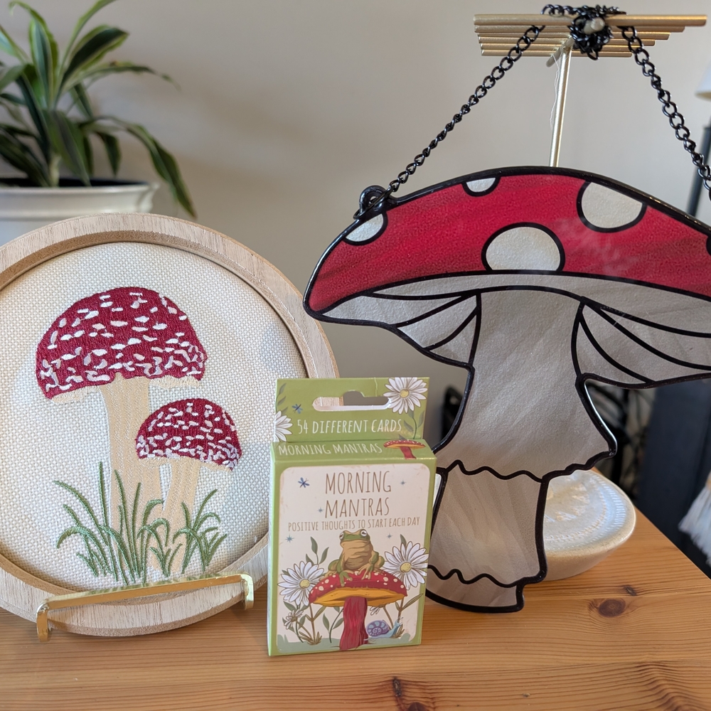 Mushroom Decor Set with Stained Glass and Embroidery
